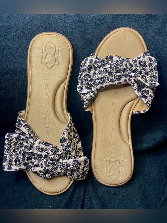 Alex Marie Shoes - Alex Marie Beige Slide Sandals with Black Animal Print Bow